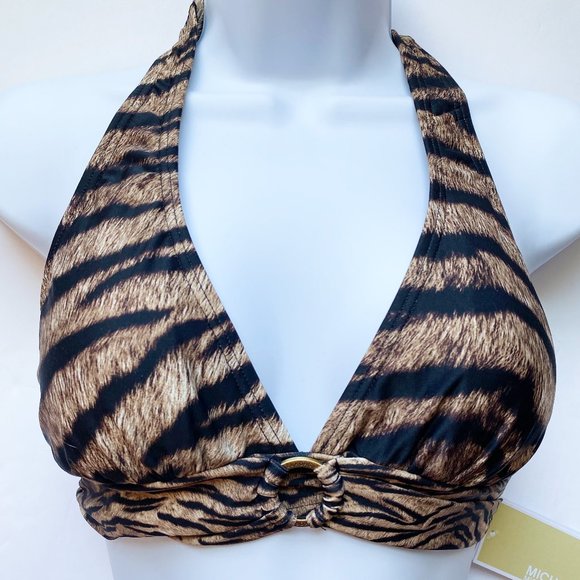 NWT MICHAEL MICHAEL KORS TIGER PRINTED HALTER BIKINI TOP - Picture 2 of 6
